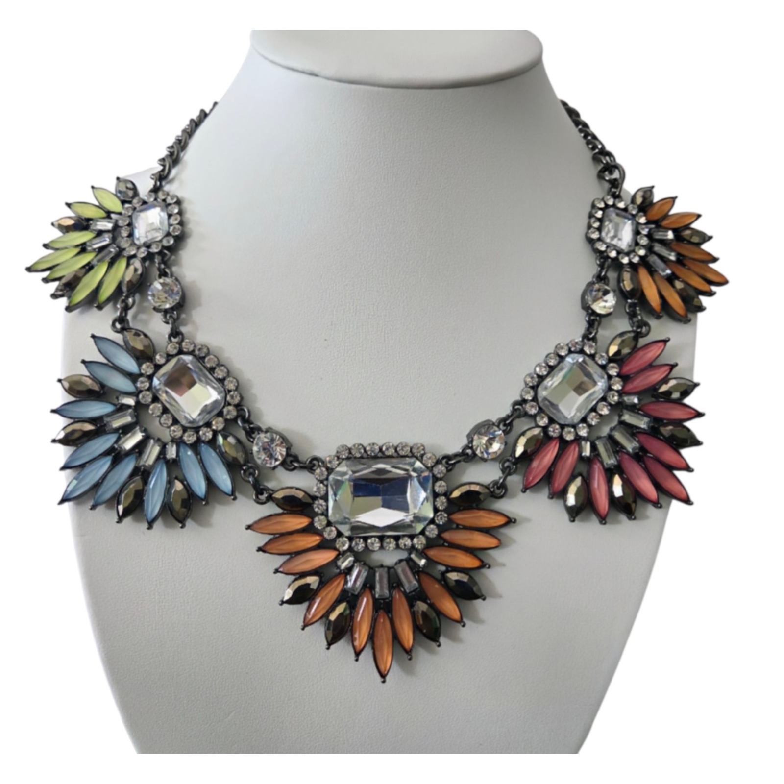 Qvc Logo Links Necklace By Lori Goldstein Brushed Metal Stones Statement Euc 18
